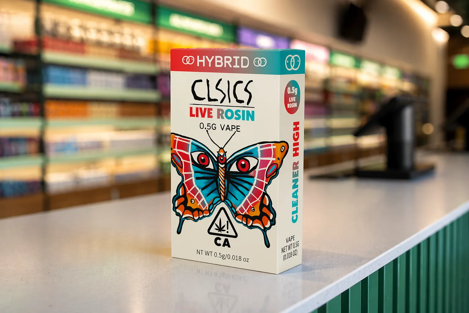 A CLSICS live rosin vape box with a painted butterfly on a dispensary counter