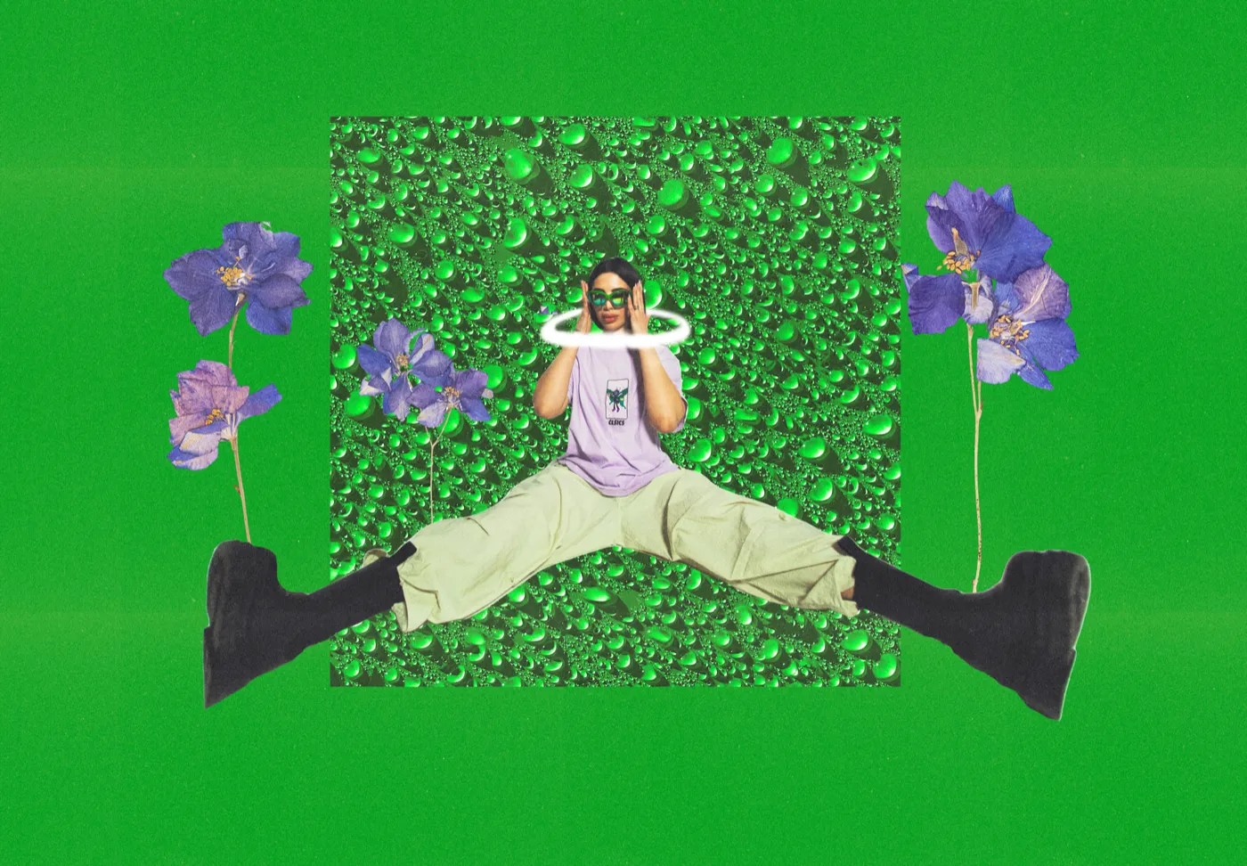 A collage of a man in a lavender CLSICS tee doing the splits over a green water-droplet backdrop, framed by purple flowers