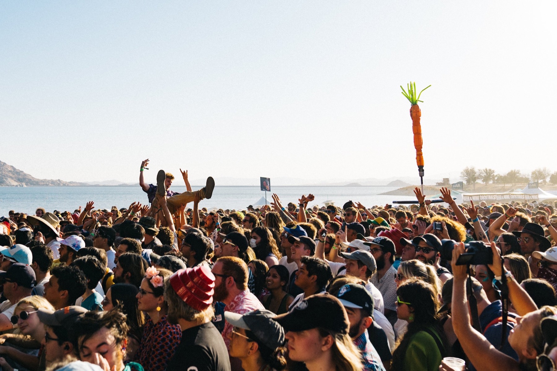 A festival crowd photographed from behind at a beach stage, hands up, an inflatable carrot above the crowd