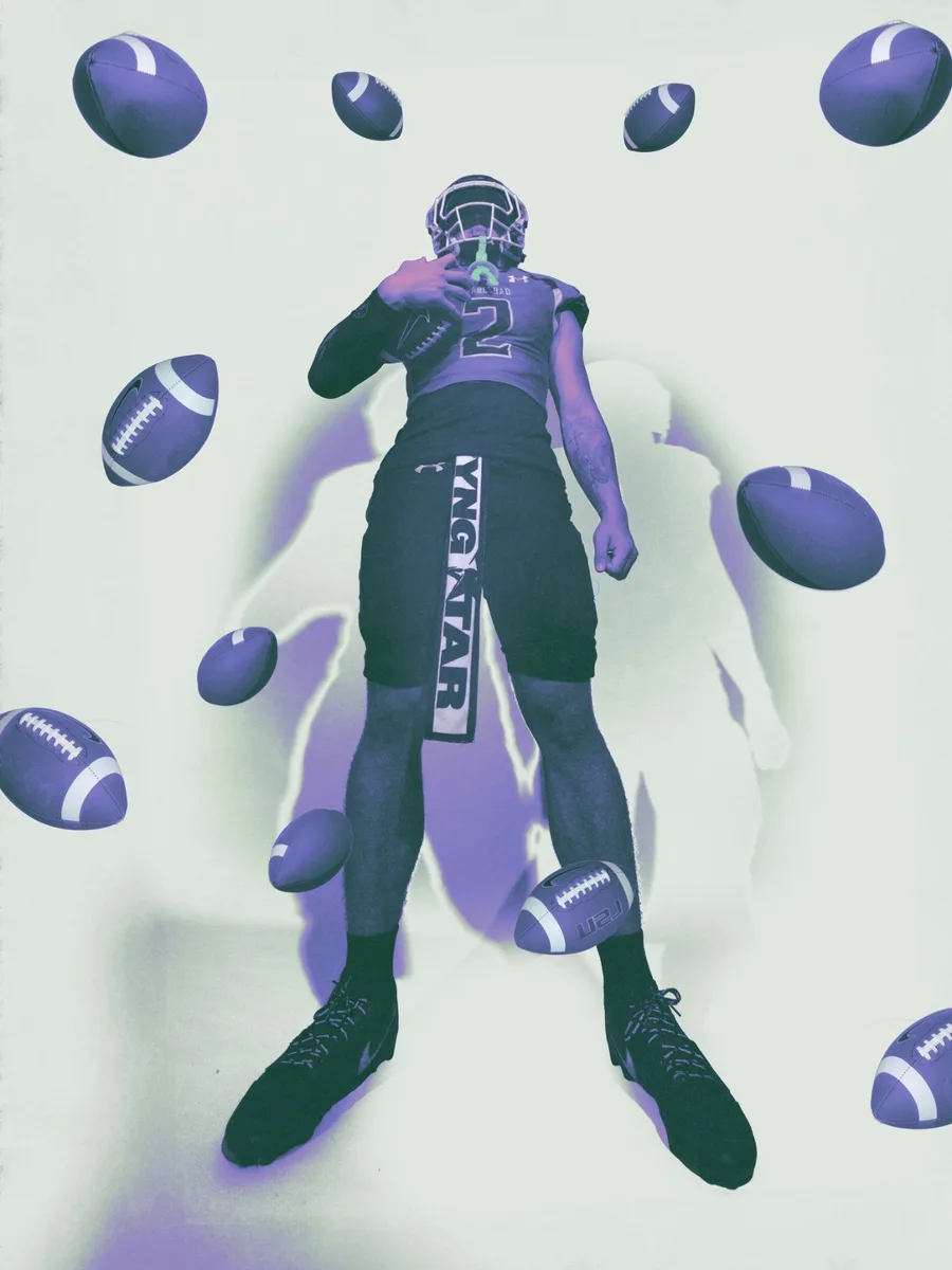 A player in a number 2 jersey and YNGSTAR shorts, shot from below, surrounded by floating purple footballs